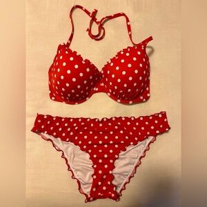 Shade & Shore Adjustable Top Red and White Polka Dot Bikini M 34D Ruched Bottom